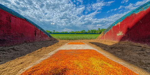 Dugout perspective with lively color bursts on field lines