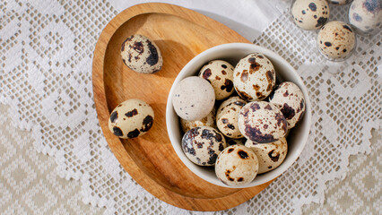 Speckled quail eggs nestle in a rustic bowl, evoking spring equinox celebrations and quirky...