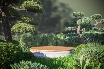 Minimalist Wooden Podium in Natural Outdoor Garden for Product Display 3D Rendering