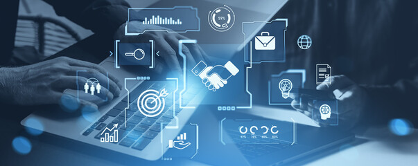 Business-to-business digital collaboration concept with data and icon overlay.