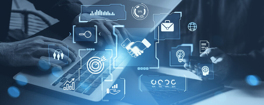 Business-to-business digital collaboration concept with data and icon overlay.