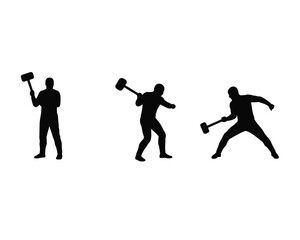 Silhouette of a man in three different poses swinging a sledgehammer with power and determination against a white background