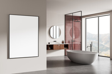 Modern minimalist bathroom interior with blank poster on wall, freestanding tub, wood vanity, and red tiled shower enclosure in daylight setting. 3D Rendering