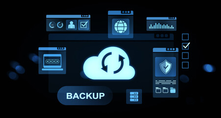 Fototapeta premium Cloud data backup and security interface concept with glowing elements and system icons on dark background. 3D Rendering