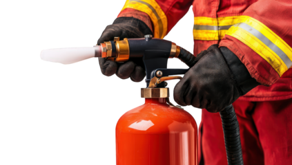 Firefighter holding a fire extinguisher isolated on transparent background
