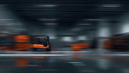 A forklift moves swiftly through a warehouse, highlighted by motion blur and muted colors.