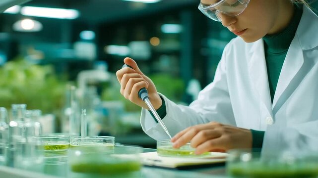 A researcher edits plant cells in a botany lab with pipettes dispensing petri dishes incubating growth chambers humming and a notebook logging traits shown in a green photo