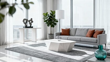 Fototapeta premium Modern Living Room Interior with Stylish Furniture, Natural Light, and Elegant Decor Accents Creating a Luxurious Ambience