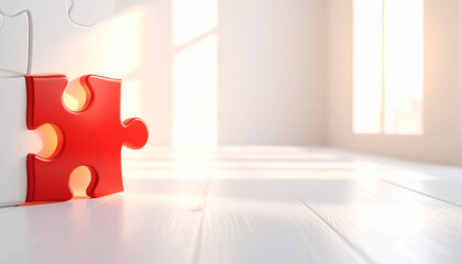 Bright red puzzle piece connecting to white pieces in sunlit room connection solution