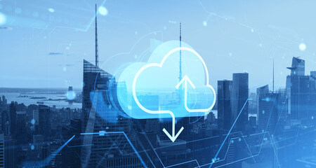 Cloud data storage concept over New York City skyline with digital network elements and upload...