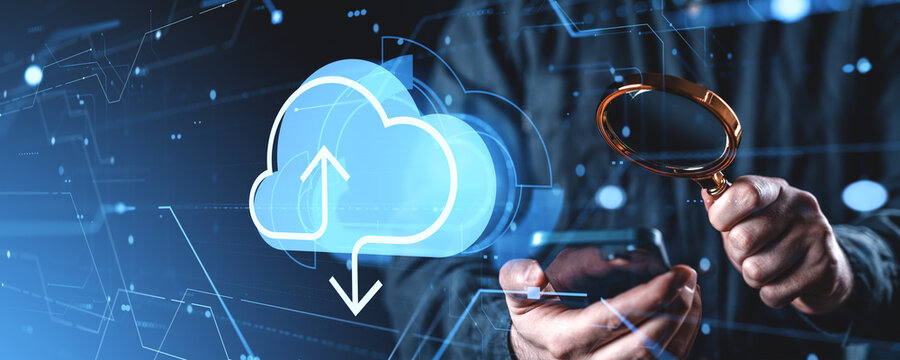 Cloud storage security concept with magnifying glass, data upload and download icons, and digital interface on blue background.