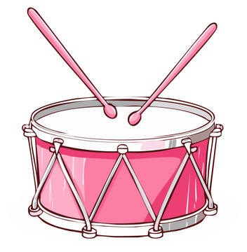 Pink drum with drumsticks. Cartoon style illustration isolated