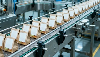 Naklejka premium Automated Packaging Line: Food Products on Conveyor Belt in Modern Factory for Streamlined Production