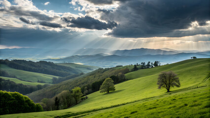 Obraz premium Rolling green hills under dramatic sunlight sky scenic nature landscape