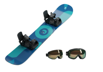 Modern blue and teal freestyle snowboard with abstract circular graphic and black/white bindings, alongside a black frame reflective ski goggle, isolated on transparent. Professional winter sports
