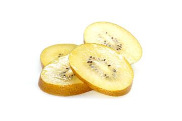 Golden kiwi, cut into slices, placed on a white background.