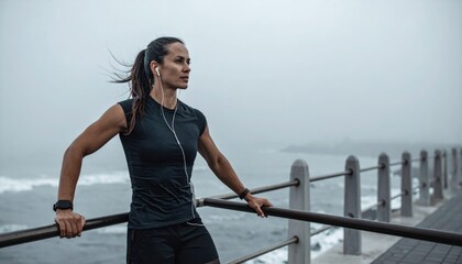 Runner cooldown leaning on railing with sea mist backdrop clean horizon banner friendly fitness scene with large copy space for wellness and training content