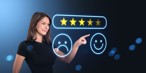 Woman interacting with digital customer feedback and five-star r