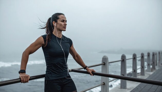 Runner cooldown leaning on railing with sea mist backdrop clean horizon banner friendly fitness scene with large copy space for wellness and training content