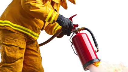 Firefighter using a fire extinguisher, isolated on transparent background