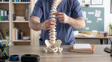 doctor chiropractor shows layout model of human spine and explaining, back therapy and treatment concept 4k