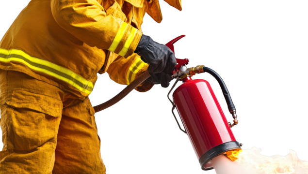 Firefighter using a fire extinguisher, isolated on transparent background