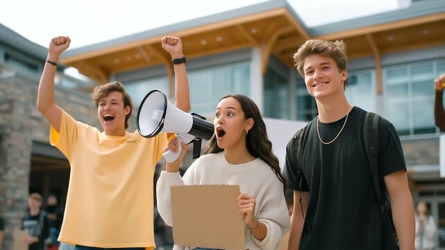 A group of students organizes a protest rally on a campus plaza with megaphones handmade signs and crowds chanting presented in a passionate photo with poster texts vocal