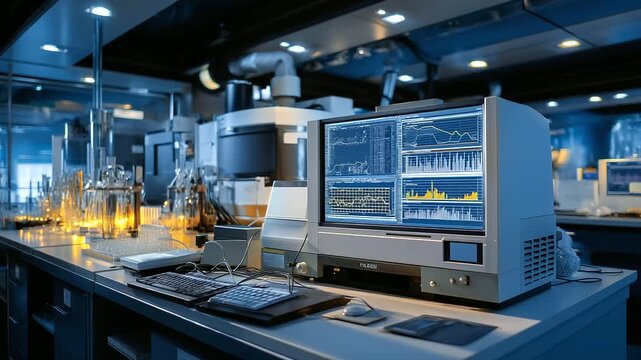 A mass spectrometer analyzes chemical compounds in an analytical chemistry room with ion sources glowing data screens displaying peaks gas cylinders connected via hoses and tec