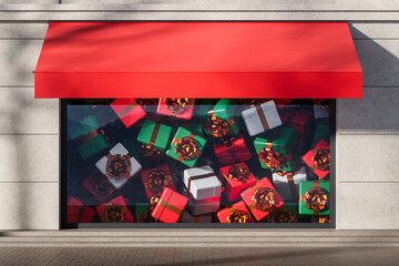 Holiday store window display with red canopy and colorful Christmas gift boxes symbolizes the concept of xmas and the coming new year celebration. 3D Rendering