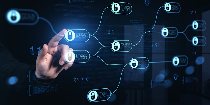 Cybersecurity network chain with digital padlocks and binary code, showing futuristic data protection concept on dark technology interface background.