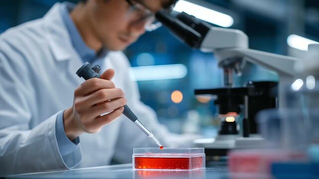 A researcher edits stem cells in a regenerative medicine lab with pipettes dispensing incubators warming cell media bottles aligned and a microscope nearby captured in a