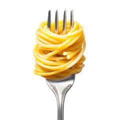 Uncooked raw Italian spaghetti noodles, fettuccine, and tagliatelle on a fork and in a glass, isolated on white