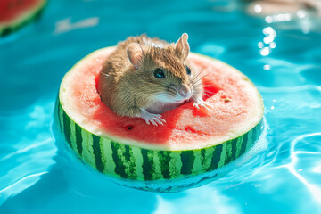 Chill rat on watermelon floating in refreshing blue pool on hot day 32k, full ultra hd, high resolution