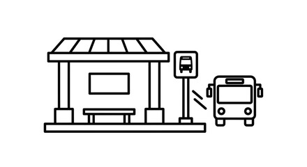 Line drawing of a bus stop shelter and a bus.