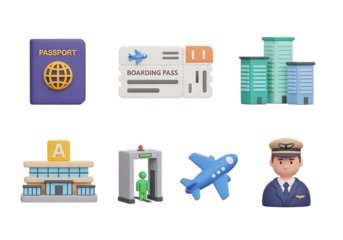 3d icon of airport and travel elements including passport, boarding pass, airplane, pilot, and terminal isolated on transparent background