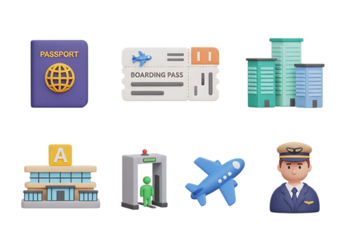 3d icon of airport and travel elements including passport, boarding pass, airplane, pilot, and terminal isolated on transparent background