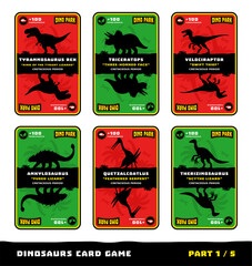 1Dinosaurs card game for kids. Features silhouettes, names, and facts about dinosaurs species: Tyrannosaurus, Triceratops, Velociraptor, Ankylosaurus, Quetzalcoatlus, Therizinosaurus. Part 1 of 5.