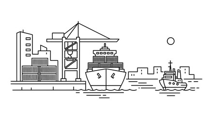 Obraz premium Line art illustration of a port with a ship crane and buildings.