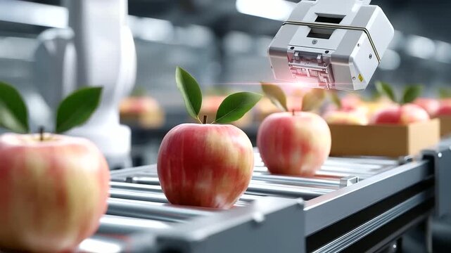 A robotic sorter handles fruit in a packing facility with apples rolling sensors scanning for size conveyors directing and workers boxing nearby captured in a vibrant photo
