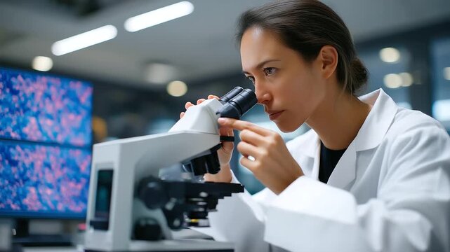 A scientist examines gene edited cells under a fluorescence microscope with slides glowing objectives focusing screens displaying cells and samples in chambers presented in