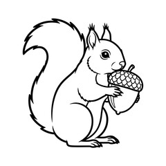 Naklejka premium Squirrel holding an acorn outlined in black and white illustration.