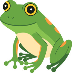 Green cartoon frog with yellow eyes and orange spots on a white background Keywords: frog, cartoon, green, amphibian, animal
