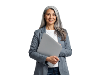 Mature Eastern Businesswoman Standing with Laptop Looking Aside PNG
