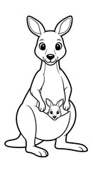 Fototapeta premium Cartoon kangaroo with joey in pouch black and white illustration.