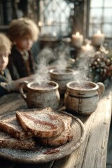 Enjoy a cozy hearthside meal featuring steaming mugs and hot toast for a delightful experience