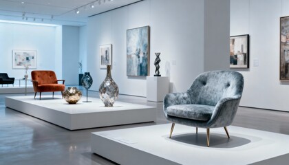 Interior of modern art gallery featuring sculptures, paintings, and stylish armchairs displayed on pedestals in a spacious hall