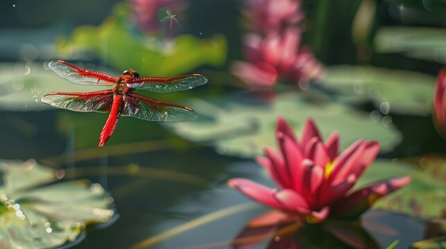 Red Dragonfly Flying Near Pink Water Lily on Pond in Sunny Garden