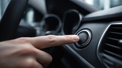 Finger Depressing Car Engine Start Stop Button: Modern Automotive Technology and Vehicle Control Panel