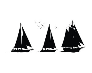 Three silhouetted sailboats with dark sails navigate the ocean under a sky with a flock of birds overhead