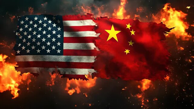 Political emblem rivalry: US , China flag, national insignia, symbolic cloth, diplomatic challenge, economic divergence, strategic opposition, international stance, hegemonic impact, world scene